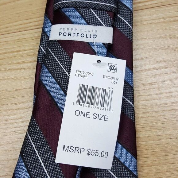 PERRY ELLIS Mens Neck Tie Burgundy Blue Stripe Classic Pointed - Picture 3 of 6